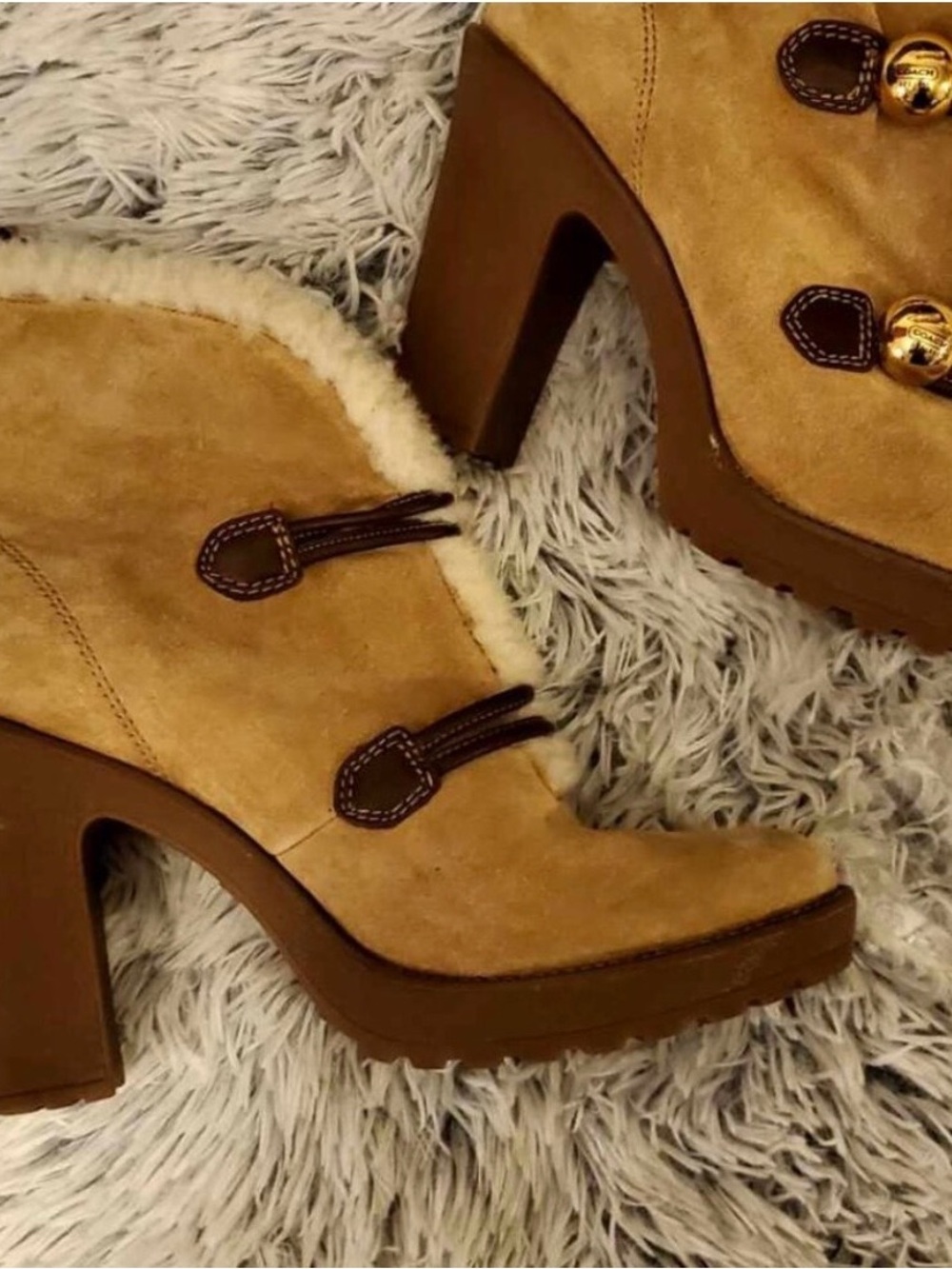 Coach Lenora Tan Suede Shearling-Trim Block Heel Boots